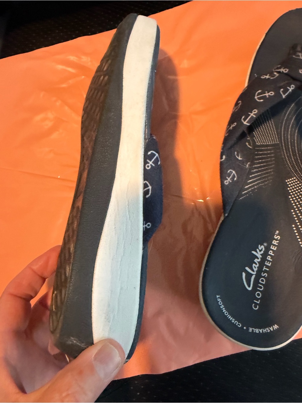 Clarks Blue Anchor Print Cloudsteppers Flip Flops - Picture 10 of 14